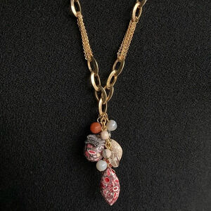 Rachel Reinhardt Stone Glass Bead Multi Strand Gold Tone Dangle Necklace